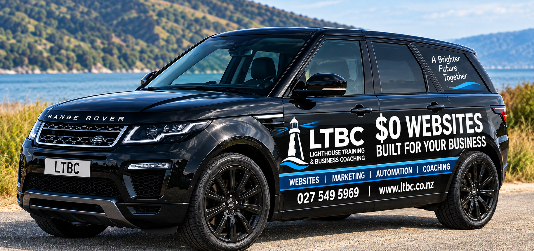 LTBC branded Range Rover promoting $0 websites built for your business